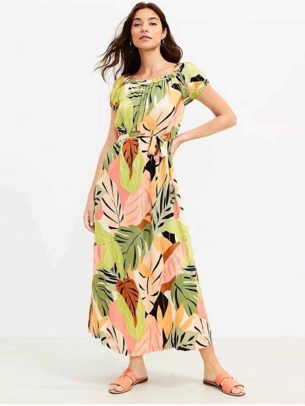 NWT LOFT Women’s Gold Shimmer Palm Leaf Midi Dress Size S Tropical Off Shoulder